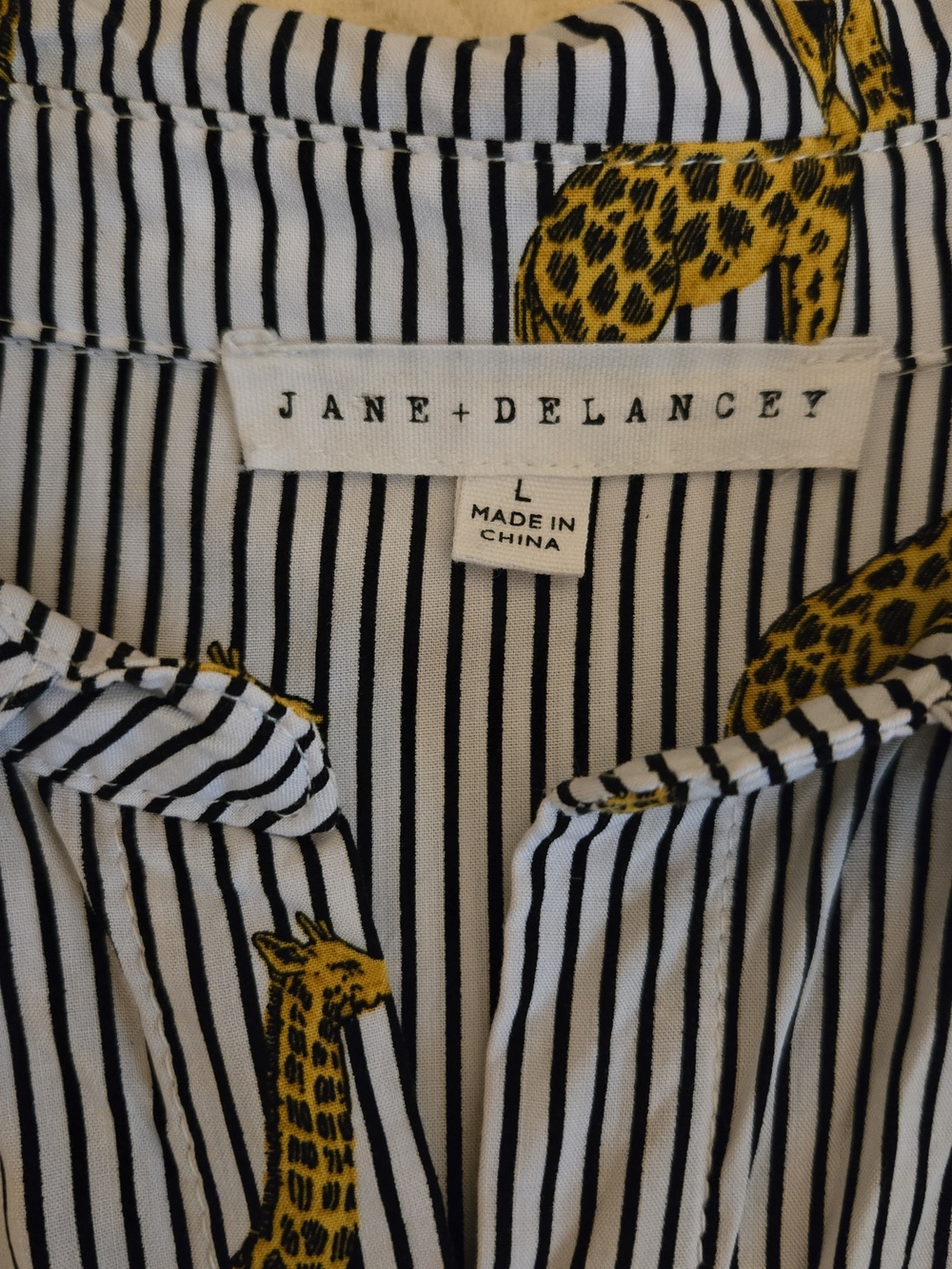 Jane and Delancey Black-and-White Striped Button-Down with Yellow Giraffe Print - Picture 4 of 6